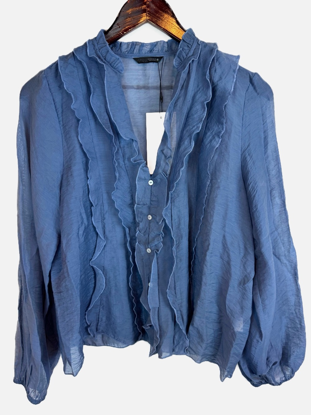 Zara | Blue Button Down Ruffle Blouse, M NWT